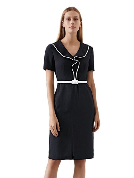 

motf premium fitted contrast binding belted dress l2en#, Black;gray
