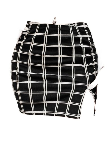 

petite windowpane print split hem skirt w5i3#, Black