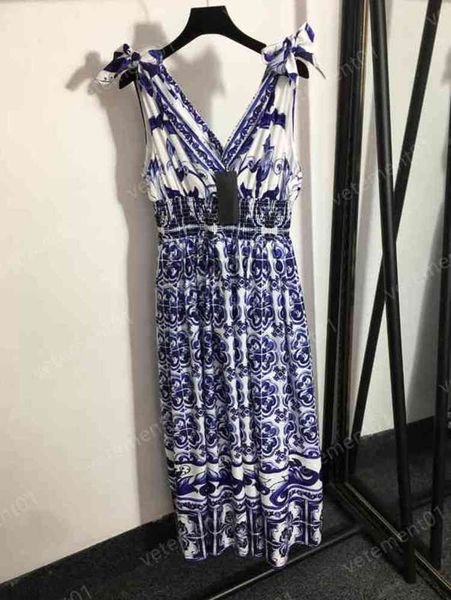 

fashion womens dresses blue and white porcelain print pattern v-neck bag chest bow knot sling dress elegant luxury designer women clothing 0, Black;gray