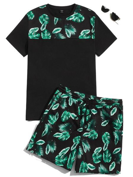 

men tropical print tee & drawstring waist shorts c9ni#, Gray