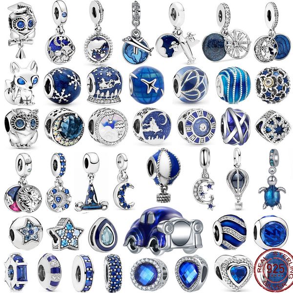 Ciondolo in argento sterling 925 Serie blu Luna Aereo Serie spaziale Perle di vetro Clip Perline Fit Pandora Braccialetti con ciondoli Accessori gioielli fai da te