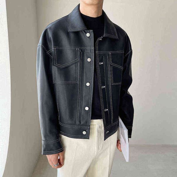 

men business casual vintage loose casual motorcycle leather jacket male low shoulders sewing thread fashion short coat t220728, Black