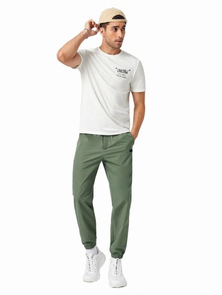 

men slogan graphic tee & drawstring waist pants set 74es#, Gray