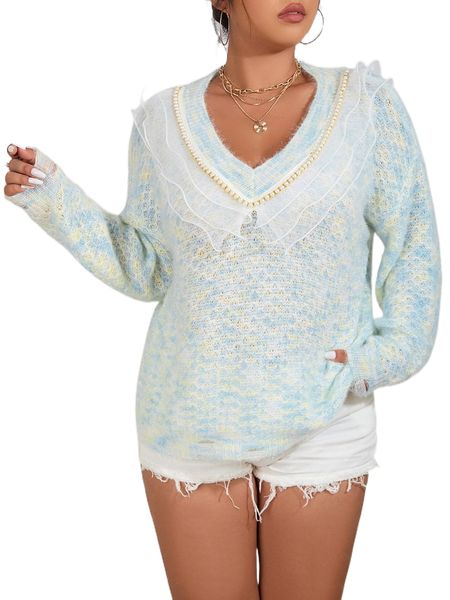 

plus space dye pearl detail ruffle trim drop shoulder sweater m9zg#, Black