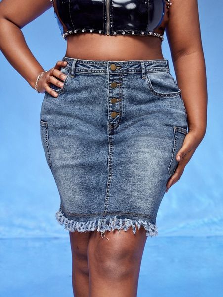 

sxy plus high waist button fly dual pocket frayed hem denim skirt e2ay#, Black