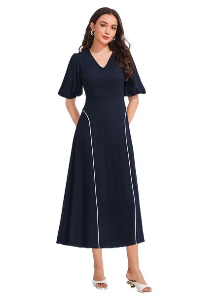 

contrast piping puff sleeve dress e5ld#, Black;gray