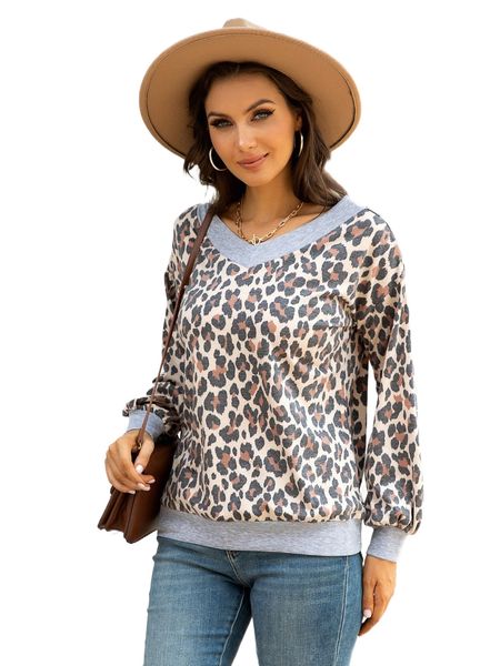 

dearcase leopard print contrast trim pullover w7rh#, Black