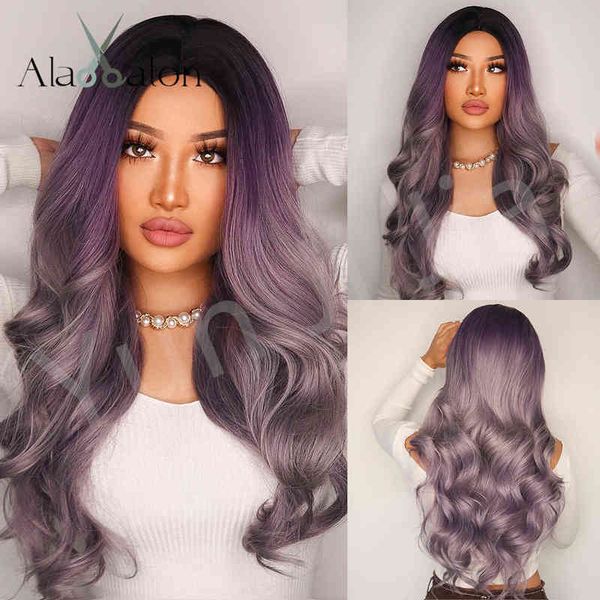 

wind wig female grayish purple gradient medium split long curly hair wavy party wig 220527, Black