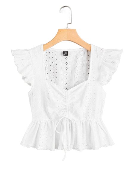 

butterfly sleeve drawstring peplum schiffy blouse k7pw#, White