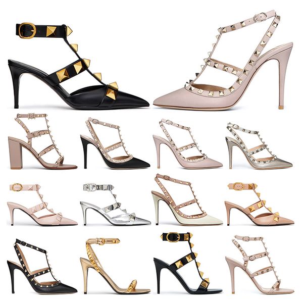 

designers high heel dress shoes ankle strap roman stud black nude white with rivets womens stiletto chunky heels 6 8  cm pointed open toes