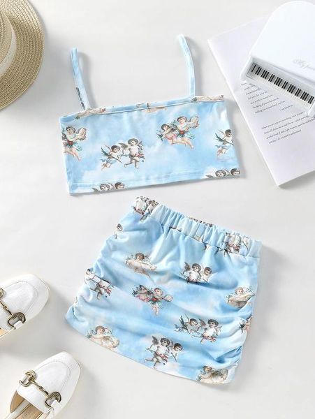 

toddler girls angel print cami & ruched skirt she, White