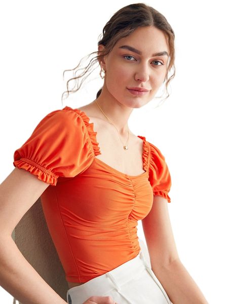 

puff sleeve frilled ruched tee z160#, White