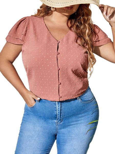 

plus swiss dot layered sleeve button front blouse d3pc#, Black