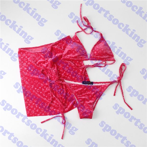 

womens velvet bikini three piece set jacquard letter womens swimwear dress outdoor beach ladies swimsuit much colors, White;black