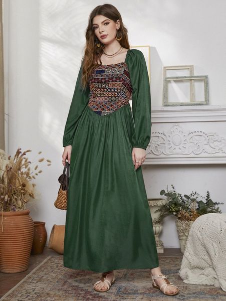 

geo embroidery lantern sleeve square neck dress 168n#, Black;gray