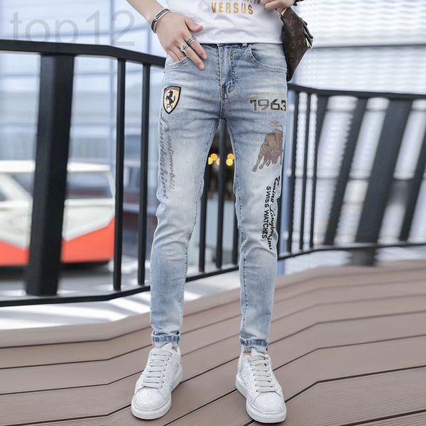 

men's jeans designer 2022 trendy men's jeans summer thin fashion drill embroidery korean light slim legged pants drsn, Blue
