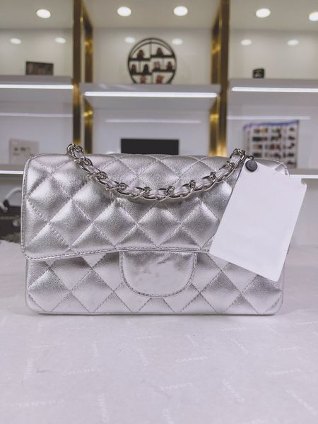 

2022ss designer bags w france women's shiny classic mini flap silvers quilted bag sheepskin silver metal matelass chain cross shoulder