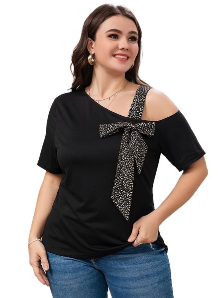 

plus leopard print tie front asymmetrical neck tee n77h#, Black