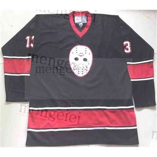 Nik1 Seltenes Vintage 1980 Freitag der 13. Jason Voorhees Hockey-Trikot mit Stickerei und Nähten. Passen Sie Trikots mit beliebiger Nummer und Namen an