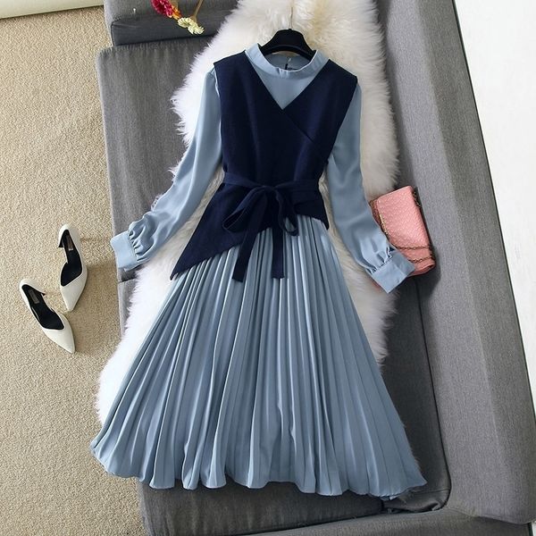 

autumn winter dress suit women elegant long sleeve knit bodycon midcalf long sweater pleated dress set casual spring y200418, Black;gray