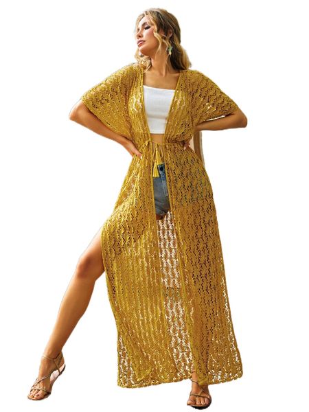 

luukse batwing sleeve drawstring waist -slit hem lace kimono 25eb#, White;black