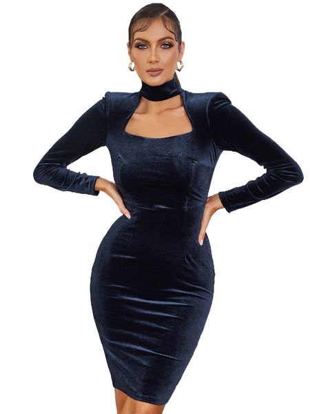 

choker neck split hem velvet dress k2wu#, Black;gray