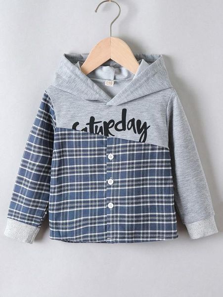 

toddler boys slogan graphic plaid button front hoodie she, Black