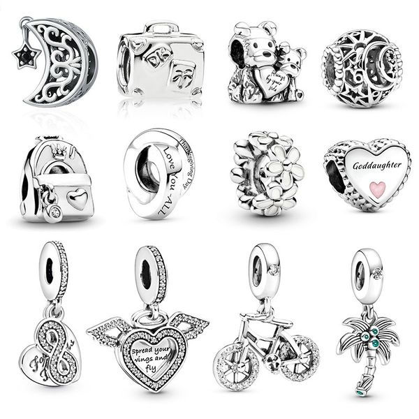 Passend für Pandora-Armbänder, 20 Stück, Tochter, Mutter, Fahrrad, Bär, Kokosnussbaum, Silber-Charms, baumelnde Charm-Perlen für Großhandel, DIY, europäischen Sterling-Halskettenschmuck