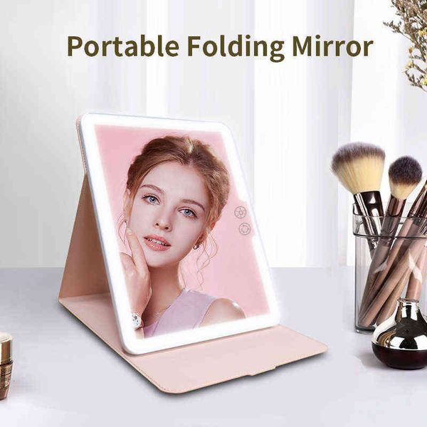 

factory outlet 2022 new folding travel mirror with leather case three color light portable ultra-thin compact led vanity bzmy