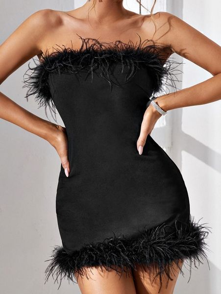 

fuzzy trim tube bodycon dress l09x#, Black;gray