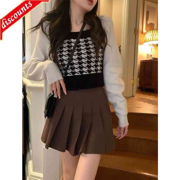 

factory outlet vest fashion new style desire wind fake two piece knitted sweater set women's autumn winter pleated skirt short summer f, White