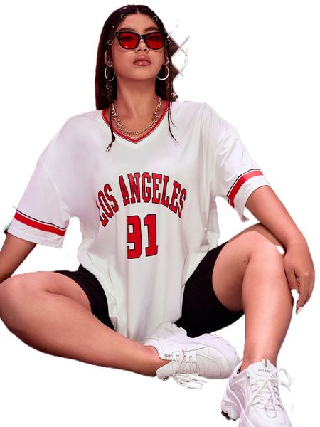 

plus letter graphic stripe trim drop shoulder tee b8rp#, Black