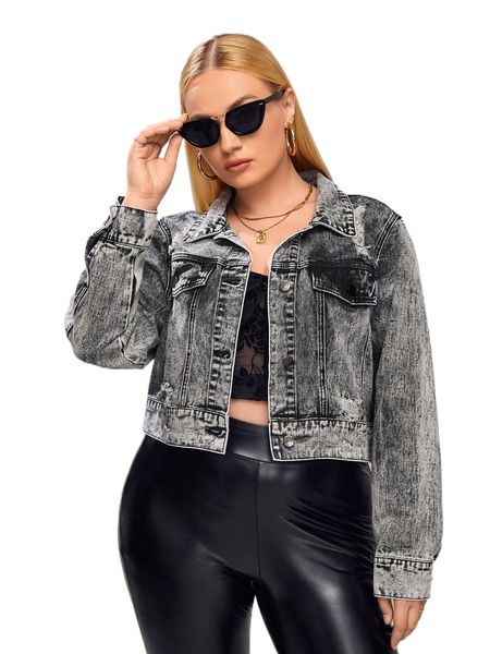 

plus ripped flap pocket denim jacket c9kn#, Black;brown