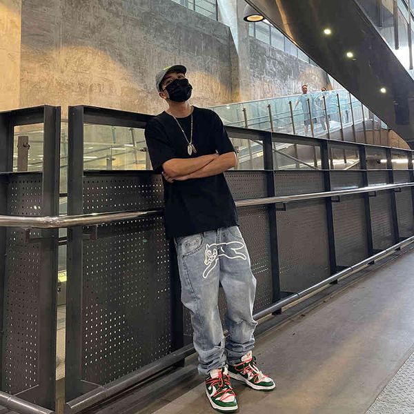 

european and american winter printed men's pants straight hole hip, Blue