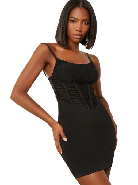 

sheer mesh insert ruched cami dress n6t5#, Black;gray