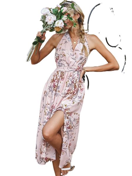 

f.loral print s.plit hem b.ackless d.ress t1sm#, Black;gray