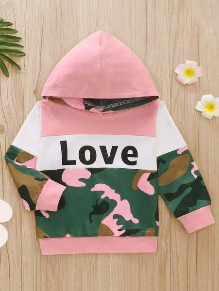 

baby color-block camo & letter graphic hoodie she, Black