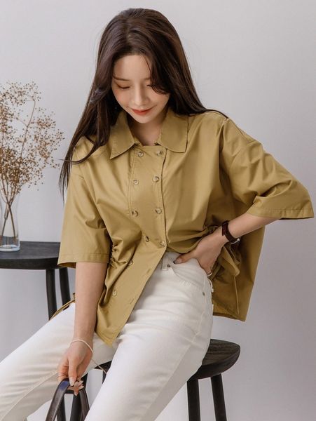 

dazy drawstring front double breasted drop shoulder blouse 94io#, White