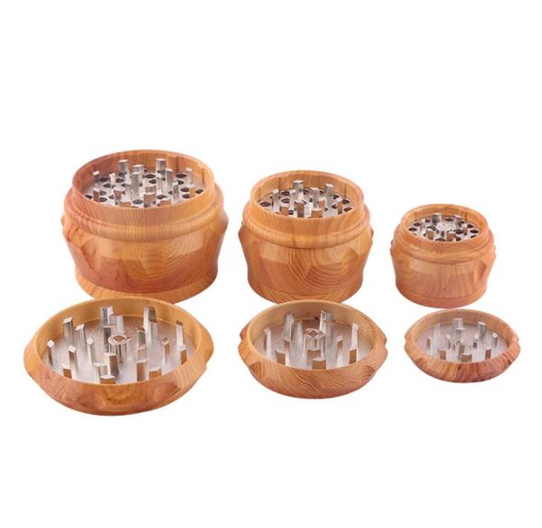 2021 Moers de fumaça Herb Metal 40 50 63mm 3 camadas Drum Resin Tobacco Grinder para fumar Liga de zinco de madeira engrenagem de três camadas