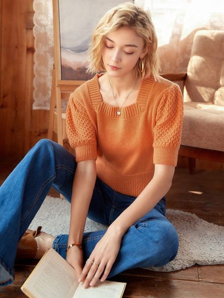 

knit mix square neck puff sleeve knit h2cd#, White;black