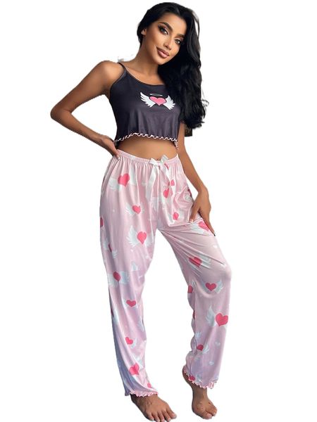 

wing & heart print lettuce trim bow front cami pj set l512#, Black;red