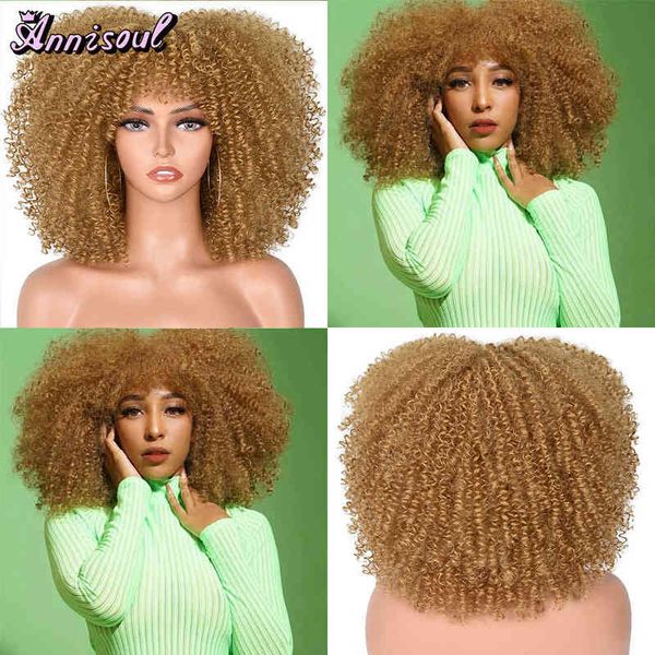 Kurze Afro-Perücke, verworren, lockig, mit Pony für schwarze Frauen, synthetische, natürliche blonde Cosplay-Perücken, klebefreies Hochtemperaturhaar 220622