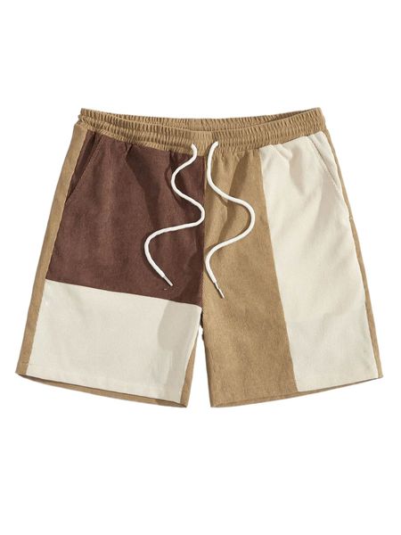 

men corduroy drawstring waist colorblock shorts r80n#, White;black