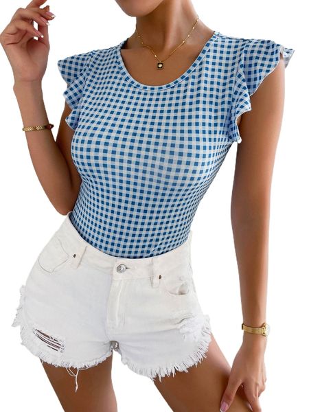 

gingham butterfly sleeve bodysuit v8o1#, White