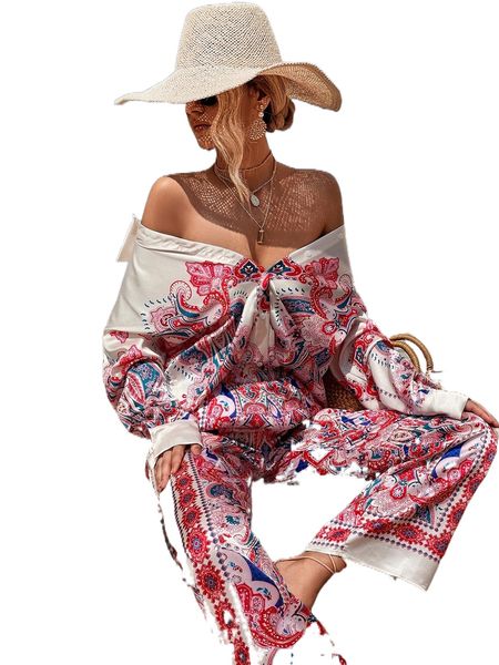 

floral & paisley print drop shoulder blouse m7t4#, White