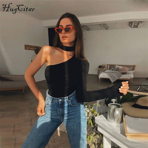 

cotton halter one shoulder bodysuit women new fashion winter spring solid bodycon casual long sleeve body t200116, Black;white