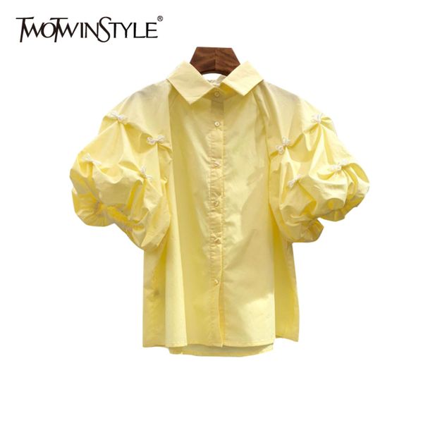 

white patchwork bow shirt for women lapel puff sleeve casual elegant blouse female fashion clothing summer 210423