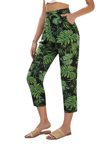 

tropical print plicated detail pants f8fx#, Black;white