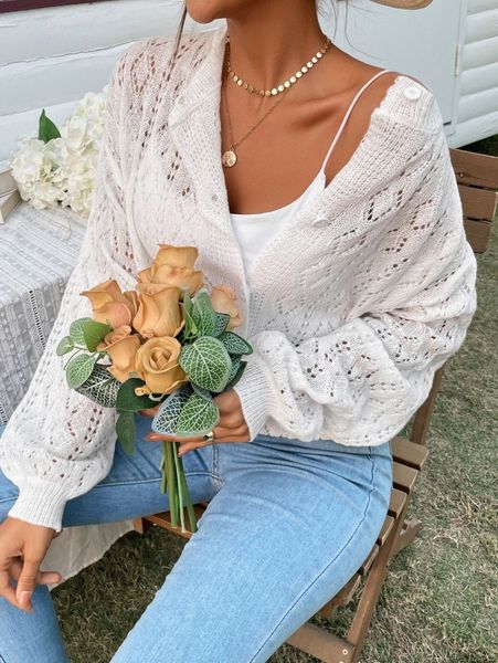 

pointelle knit drop shoulder cardigan 278b#, White;black