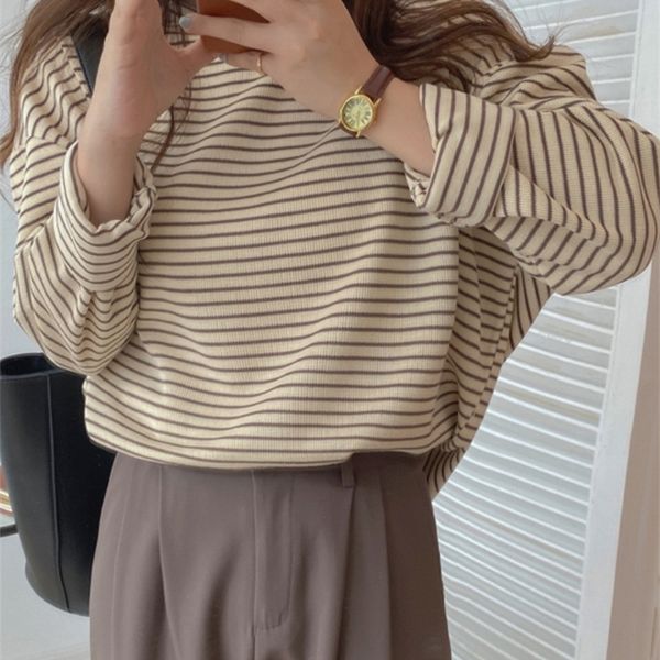 

alien kitty coffee stripes cotton t-shirts women loose-fitting autumn lady casual full sleeve chic all match 220420, White